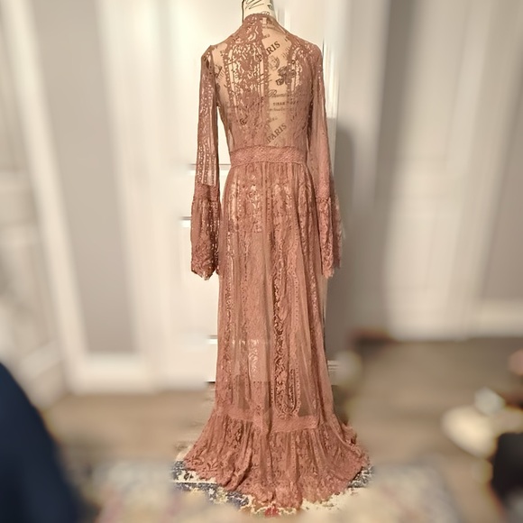 Blush Pink Lace Duster | Floor-Length Boho Kimono | Romantic Festival Chic - Picture 9 of 12